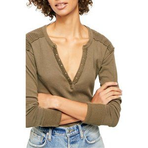 Free People Womens Top Army Green Henley Military